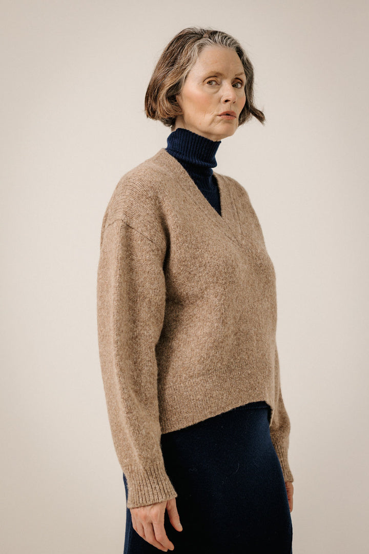 Boxy Alpaca V-neck in Dark Fawn