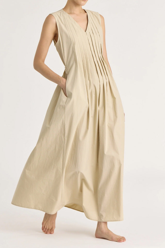 Pleated V Neck Dress - Oyster