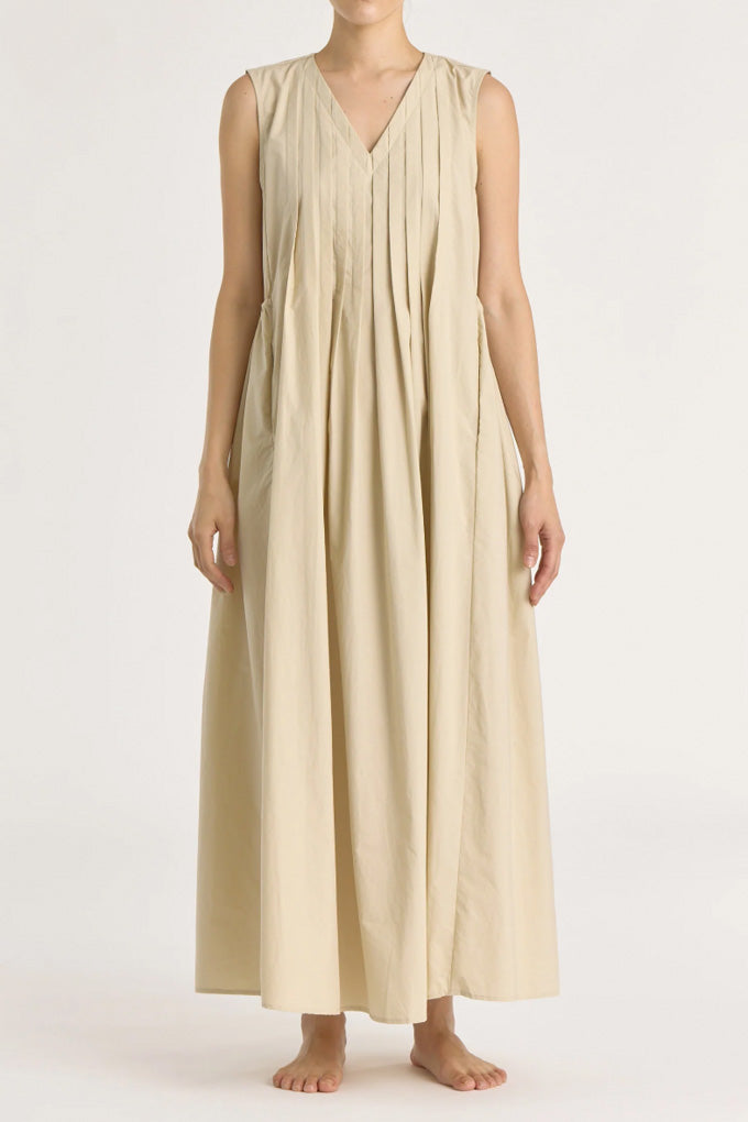 Pleated V Neck Dress - Oyster