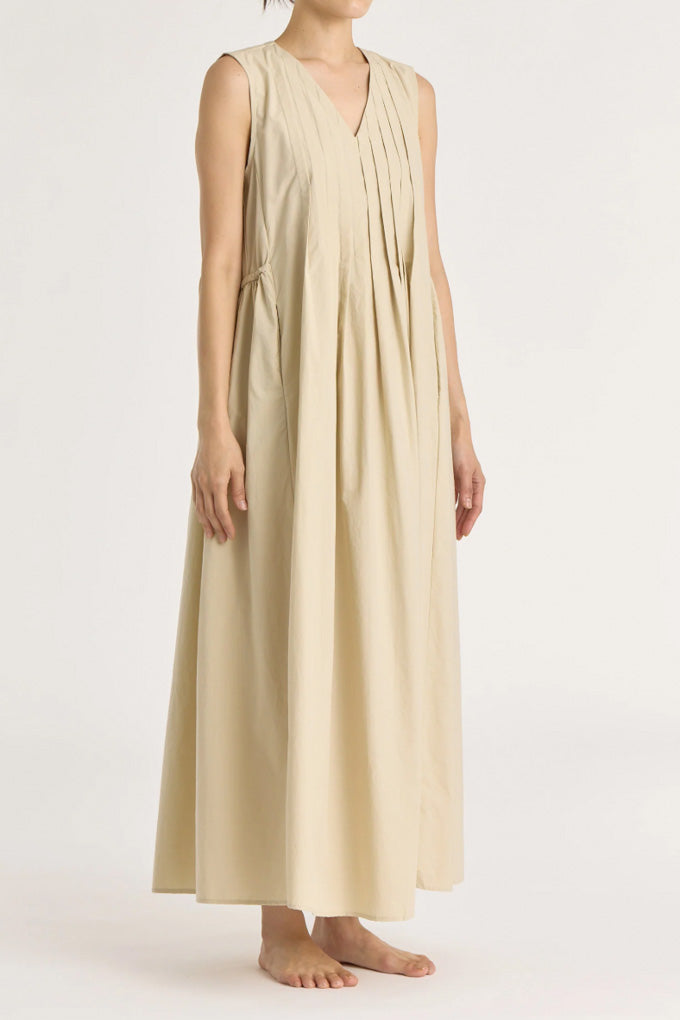 Pleated V Neck Dress - Oyster