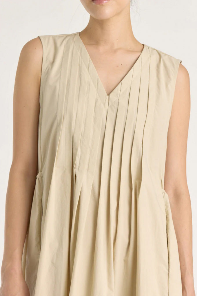 Pleated V Neck Dress - Oyster