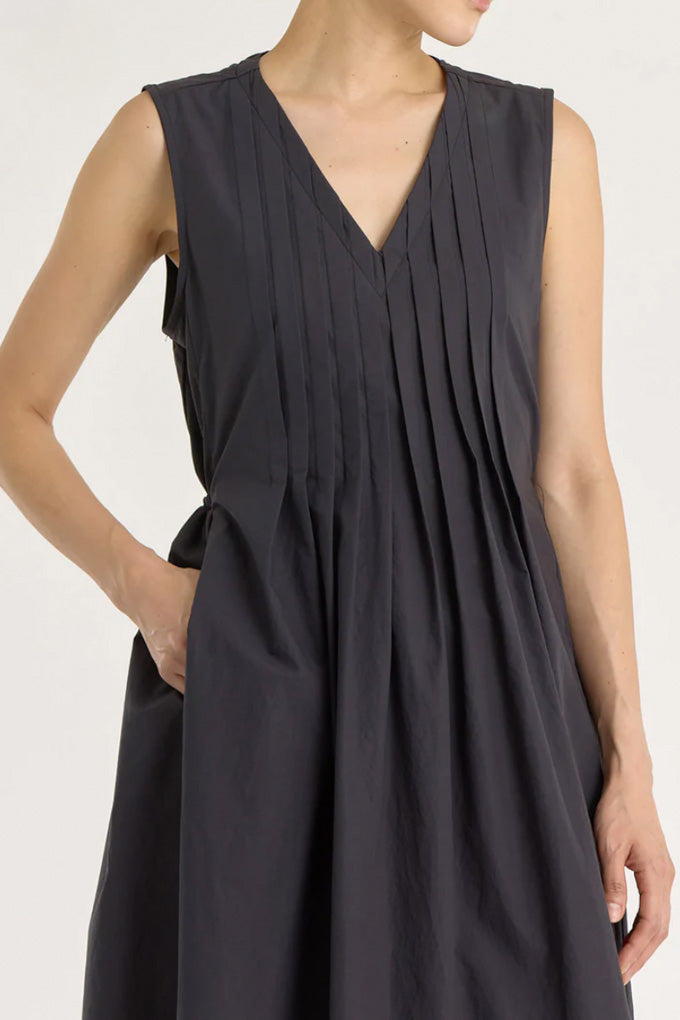 Pleated V Neck Dress - Black