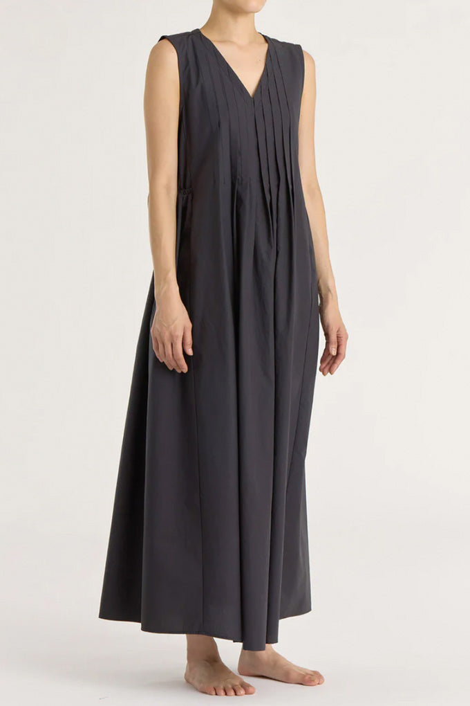 Pleated V Neck Dress - Black