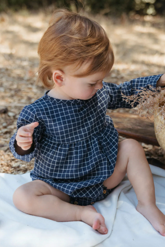 Woven Prairie Romper - Navy Check