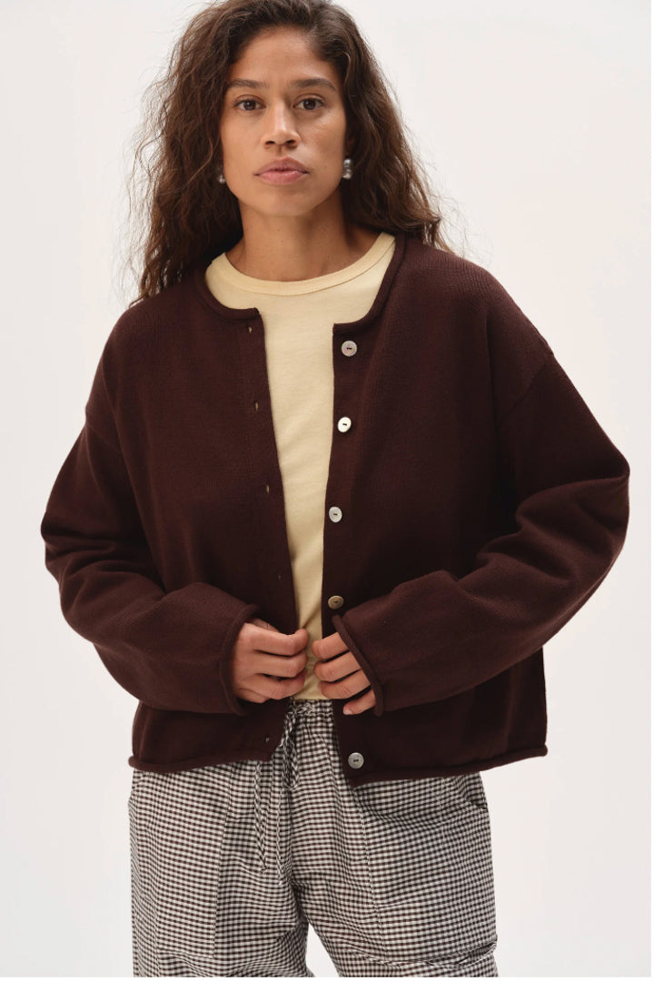The Cotton Knit Roll Cardigan - Espresso