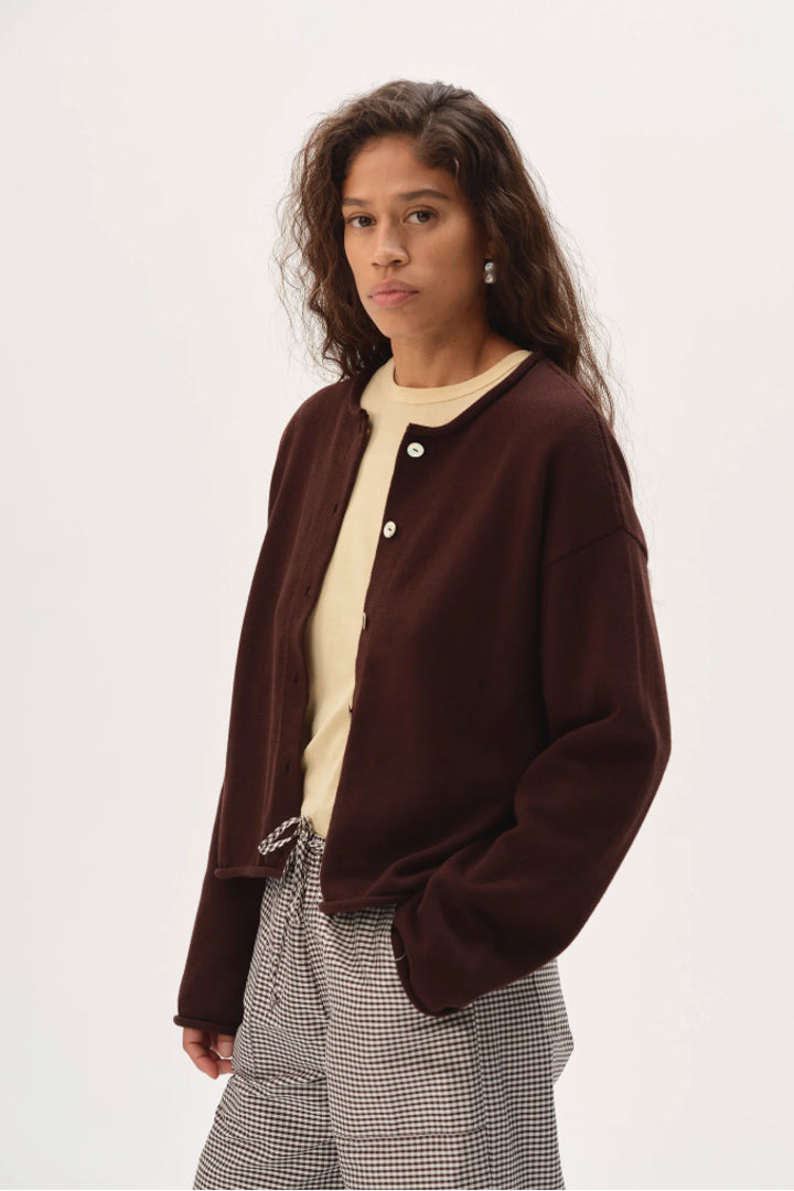 The Cotton Knit Roll Cardigan - Espresso