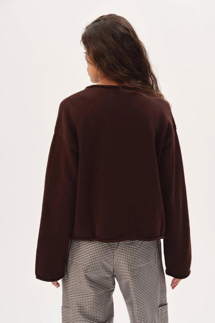 The Cotton Knit Roll Cardigan - Espresso