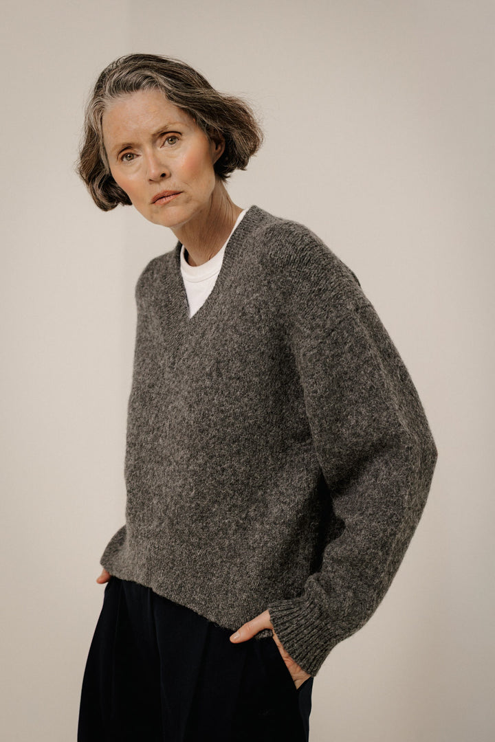 Boxy Alpaca V-neck in Charcoal