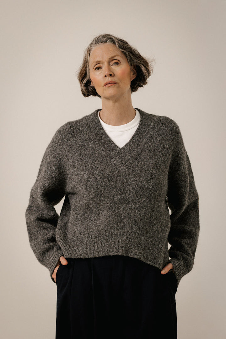 Boxy Alpaca V-neck in Charcoal