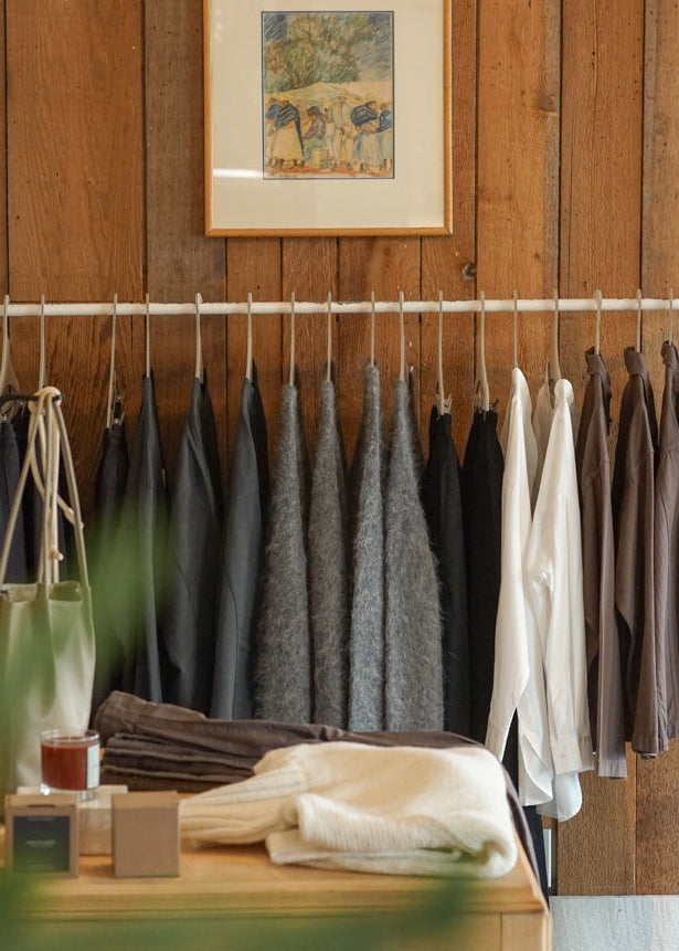Clothing rack with shirts against a wooden wall with a framed picture.