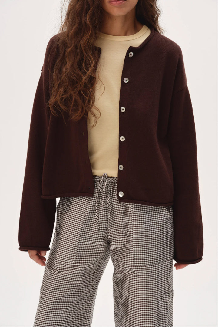 The Cotton Knit Roll Cardigan - Espresso